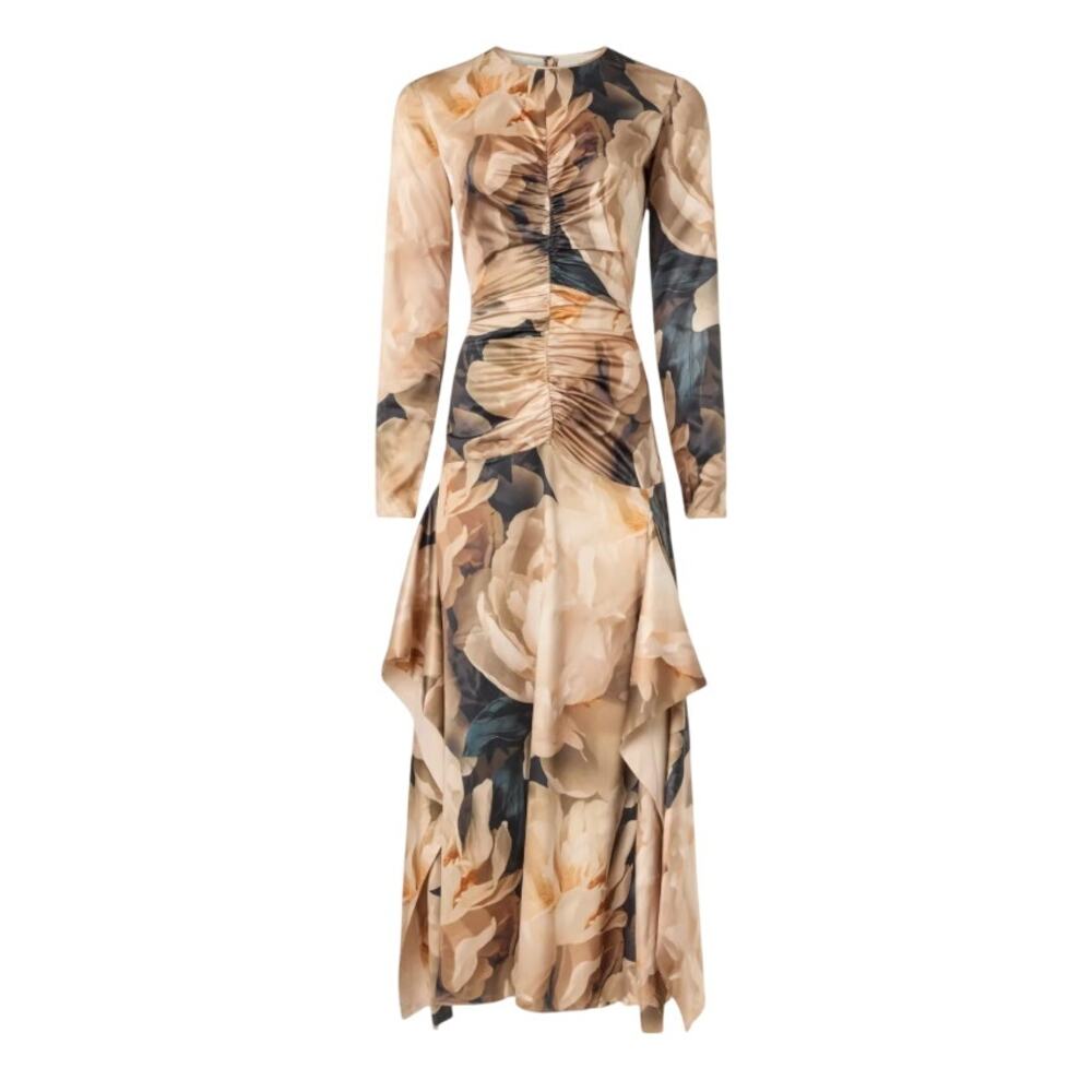 AKNVAS Beige Bold Floral Mesh Gown SIZE 4 Ruched Maxi Dress Party Designer $900 - Picture 3 of 13